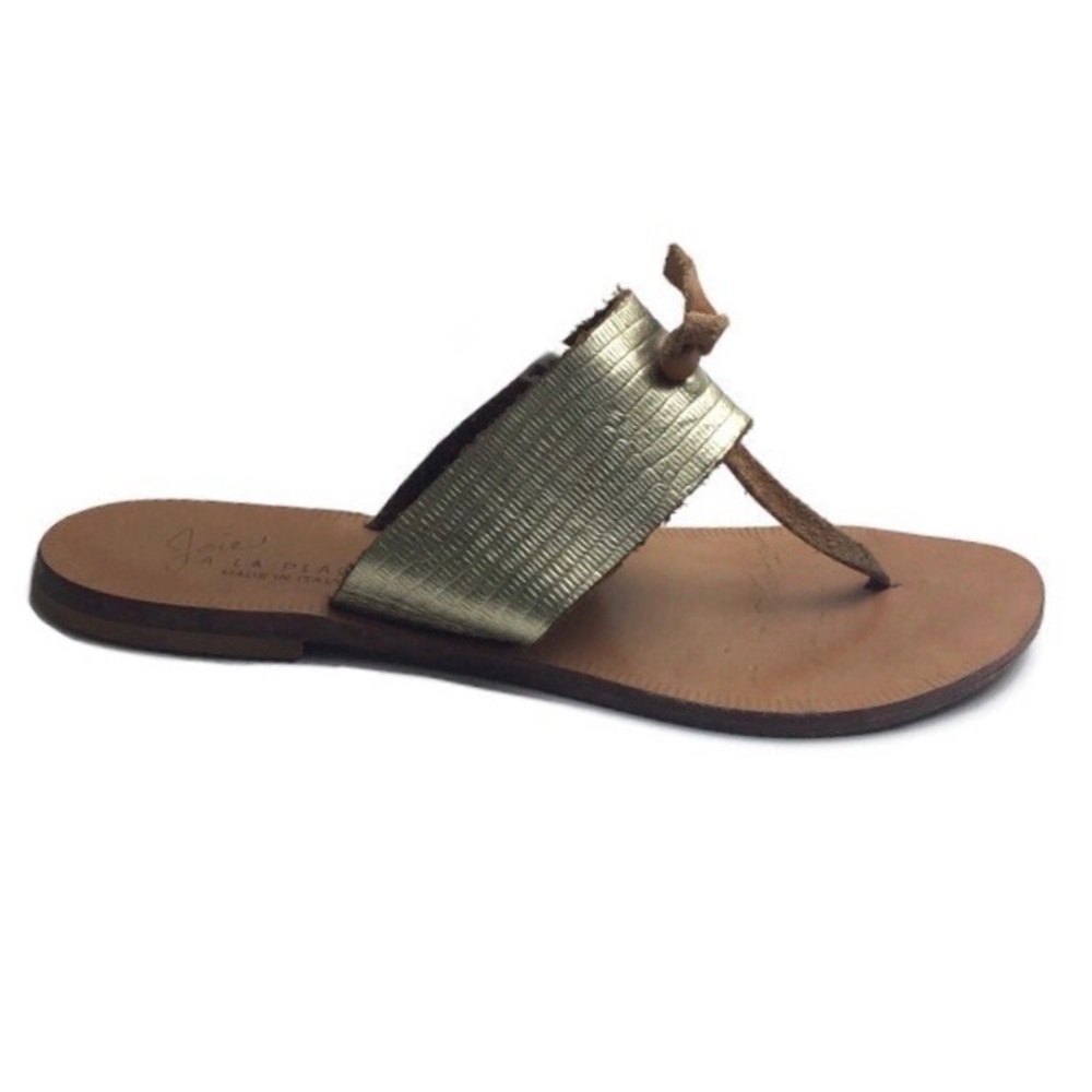 Joie A La Plage Nice Knotted Gold Metallic Leather T-Strap Sandals Size 6.5
